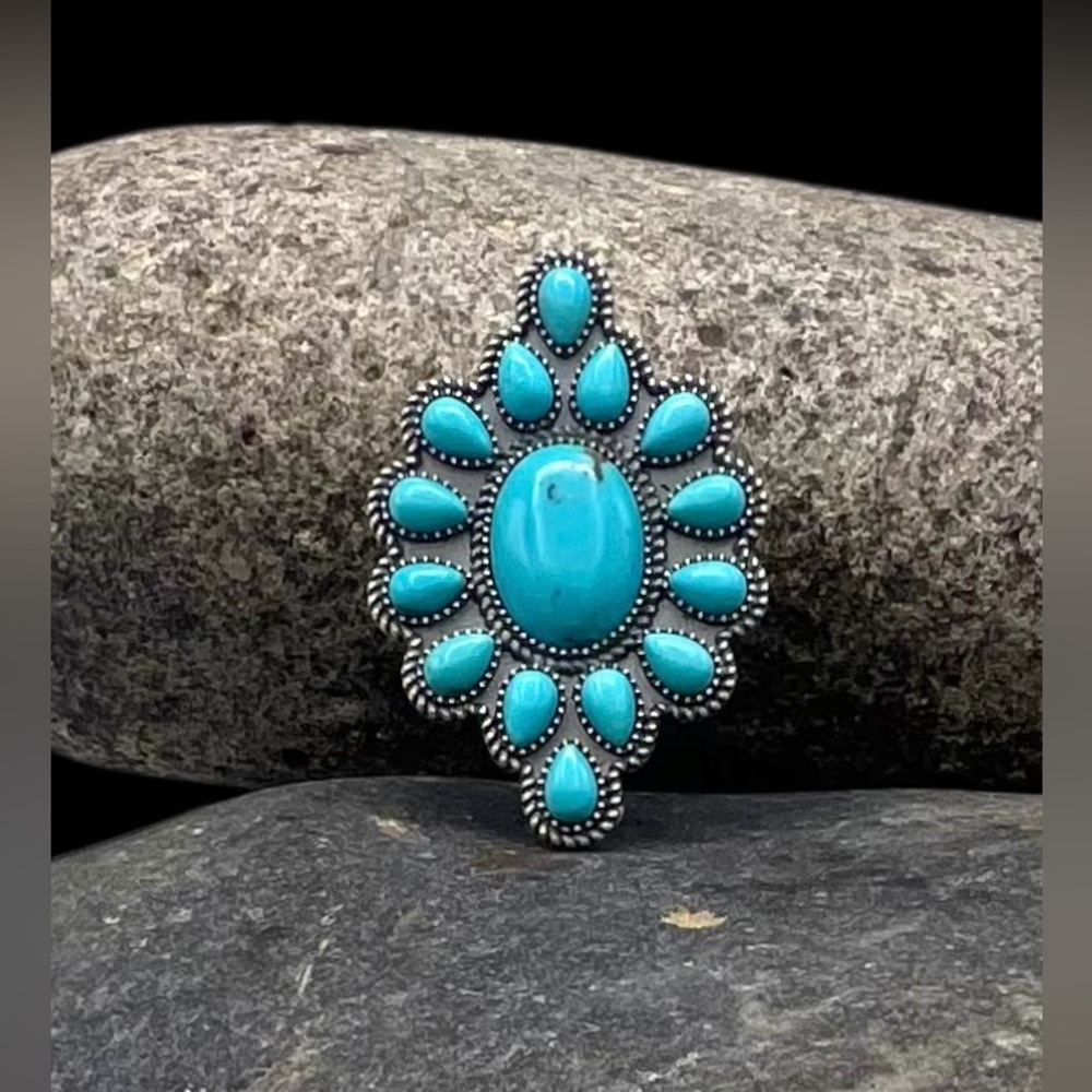 Signed Navajo Handmade Sterling Silver Natural Blue Turquoise Cluster Ring 7.5 - Picture 1 of 7